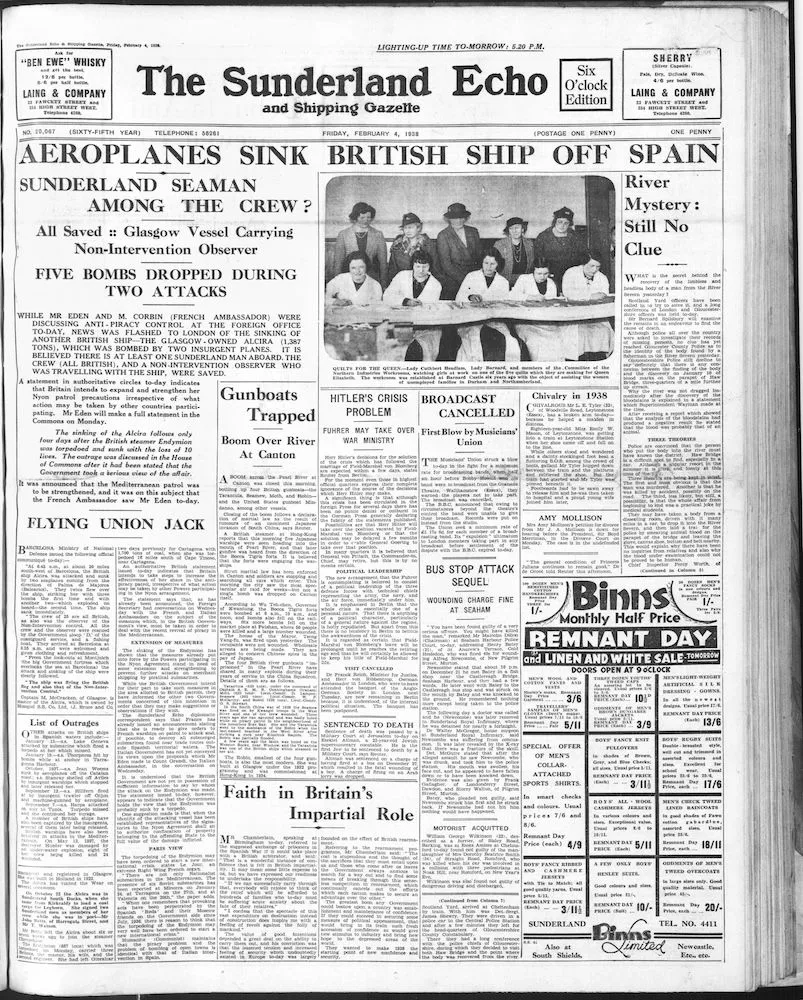 Front page of the Sunderland Daily Echo and Shipping Gazette from 4 February 1938